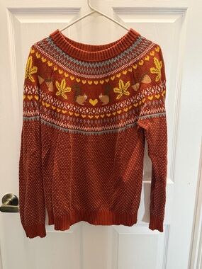 Modcloth Rust Orange Fair Isle Squirrel & Leaf Crewneck Sweater